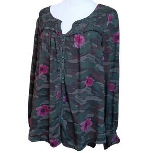 BEACH LUNCH‎ LOUNGE Blouse Top Shirt XL Camo Floral Smocked Boho Peasant Grunge